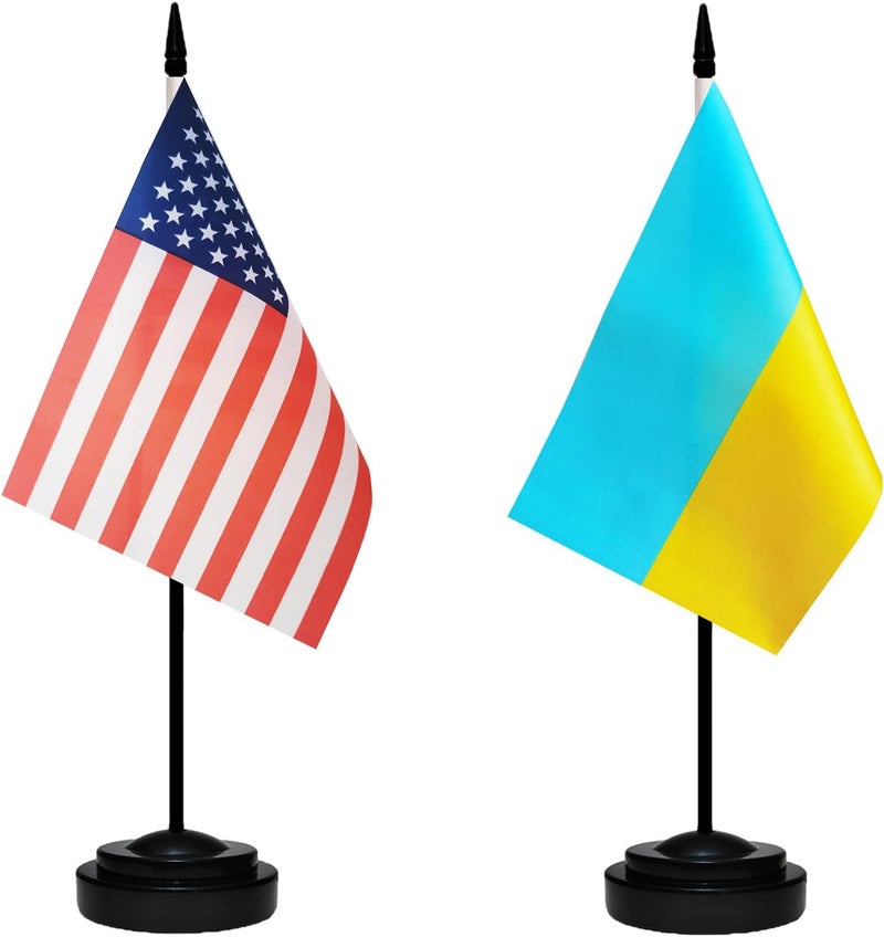 tibijoy USA American & Ukraine Ukrainian Desk Flags, US Ukraine Table Flag, Small Mini Miniature Ukrainian and US Desktop Flag With 13" Solid Black Pole, Black Base - Image 1